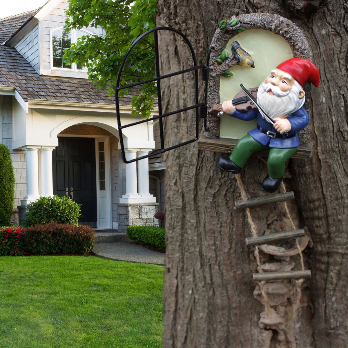 Outdoor 1 resin handicraft hanging from a dwarf playing piano tree, iron window, hanging tree, decorating courtyard tree trunks, hanging