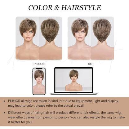 Crown & Glory Wigs  Pixie Cut Short Bob Wigs with Bang Brown Layered Straight Kanekalon Synthetic Wig Human-hair Like Texture Natural Daily Use Hair