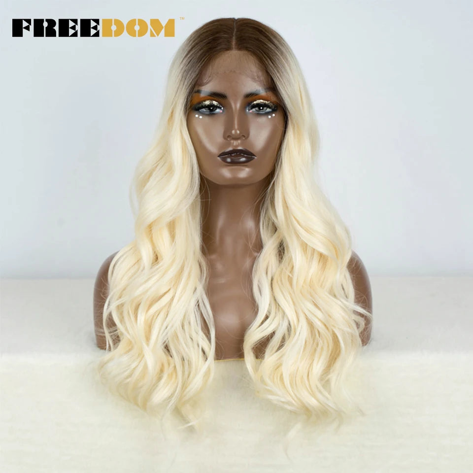 Crown & Glory Wigs   FREEDOM Synthetic Lace Front Wigs For Women Body Wave 24 Inch Wavy Wig Ombre Brown Blonde Pink Lace Wig White Cosplay Wig