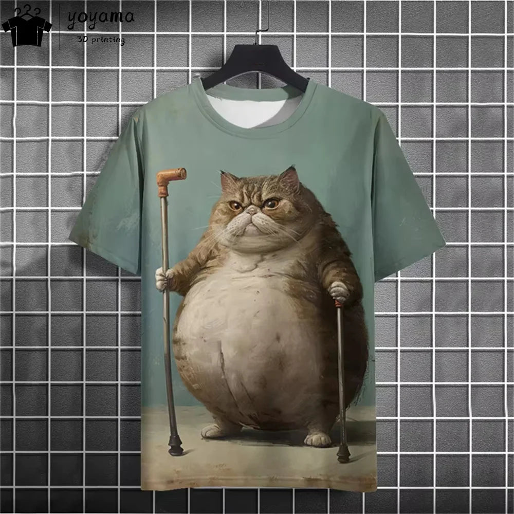 Men clothing  Funny Fat Cat Graphic T shirts Short Sleeve