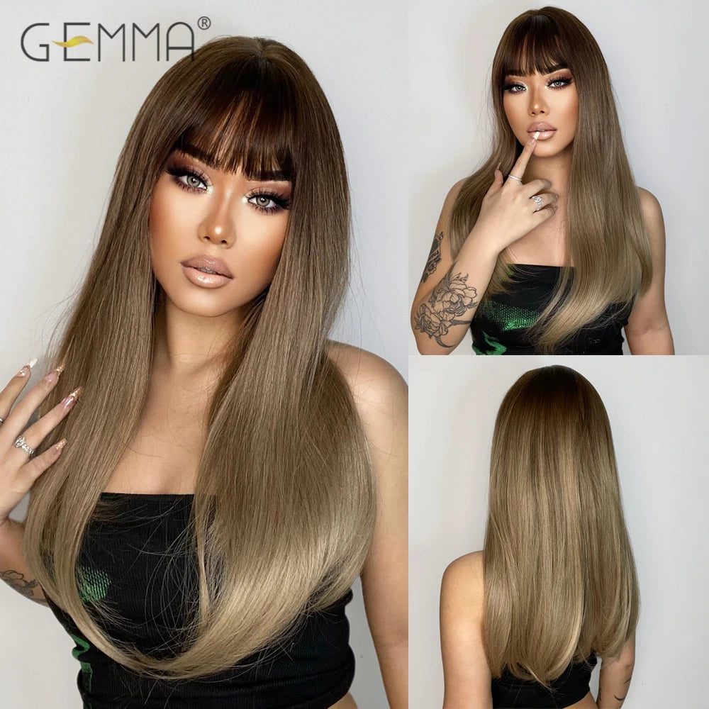 Crown & Glory Wigs  Mixed Brown Blonde Synthetic Long Straight Layered Wig Natural Hair Cosplay Party Wigs with Bangs for Women Afro Heat Resistant