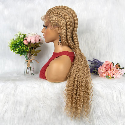 Crown & Glory Wigs  28 Inch Blonde Colour Synthetic Lace Front Braided Wigs for Black Women Crochets Braids Hair Wig Pre Plucked with Baby Hair