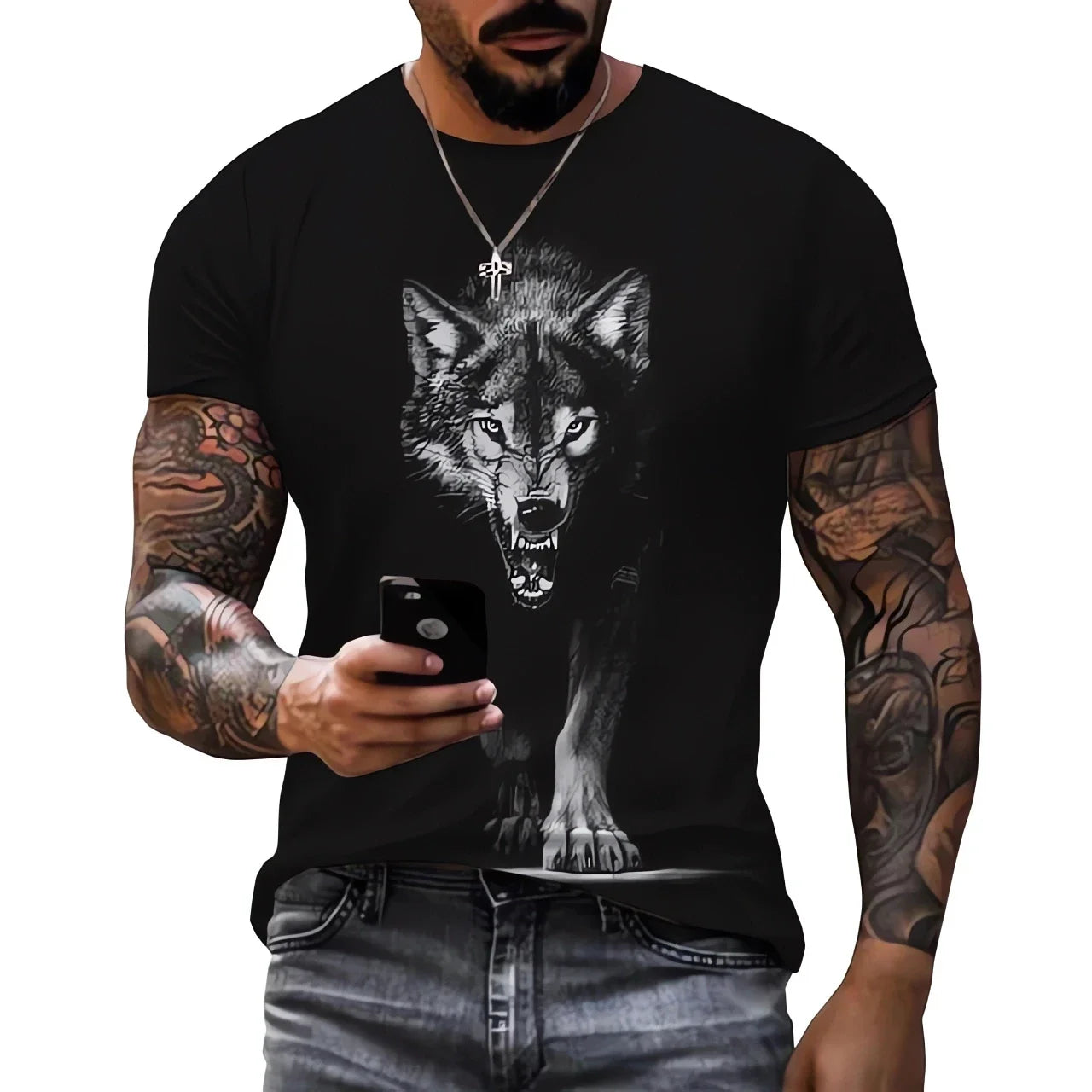 Men clothing  3D printed T-shirt with Wolf print Cool big black T-shirt round neck o neck