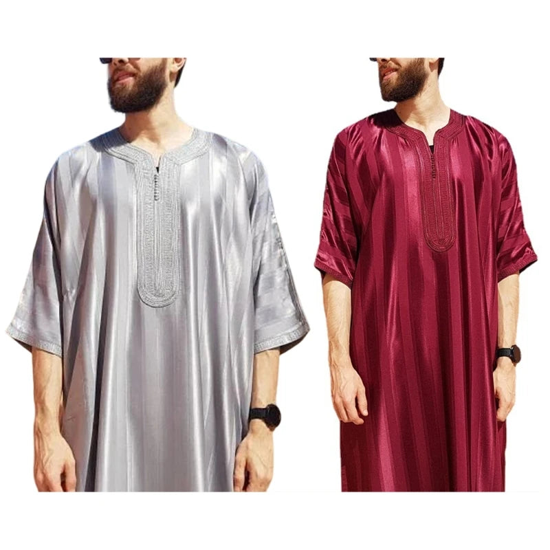 Muslim family  Mens Long Sleeve Kaftan Arab Robe Stand Collar Muslim Robe Crew Neck Arab Robe Islamic Robe Muslim Ethnic Clothing Robe