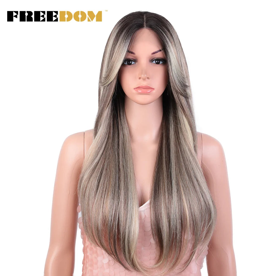 Crown & Glory Wigs   FREEDOM Synthetic Lace Front Wigs For Black Women 26 inch Straight Wigs Ombre Blond Cosplay Wig Synthetic Lace Wig With Bangs