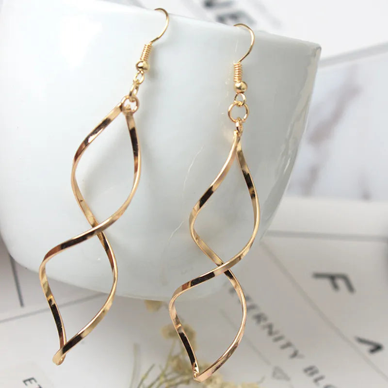 Jewellery  Fashion Simple Spiral Drop Earrings For Women Long Curved Wave Dangle Brincos Statement Wedding Party Jewelry Wholesale