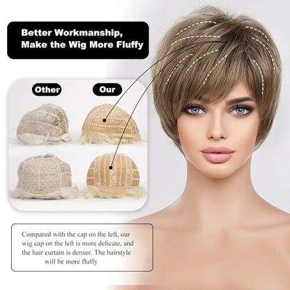 Crown & Glory Wigs  Pixie Cut Short Bob Wigs with Bang Brown Layered Straight Kanekalon Synthetic Wig Human-hair Like Texture Natural Daily Use Hair