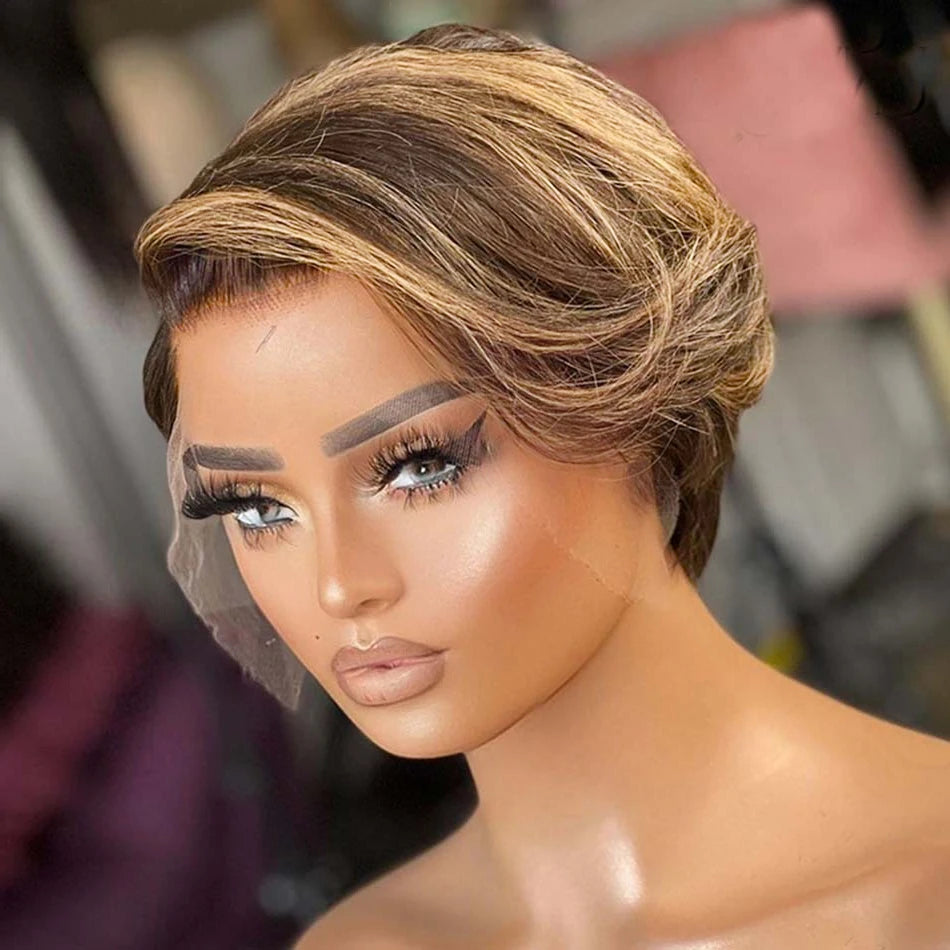 Crown & Glory Wigs Short Bob Pixie Cut Wig 13*4*1 Lace Frontal Straight Transparent Lace Front Human Hair Wigs For Women