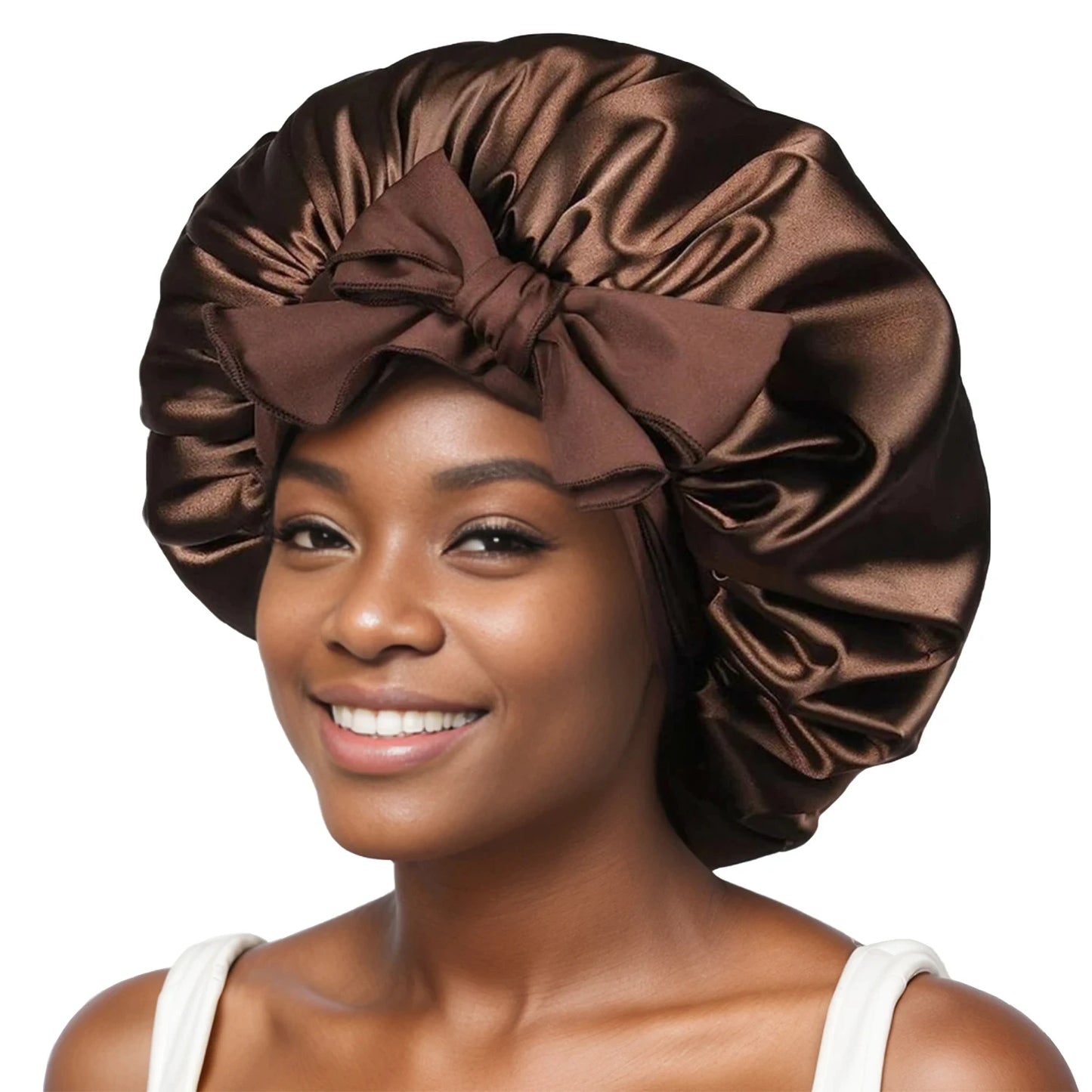 Style & Shine Hair  Satin Solid  Silky Bonnets With Long Tie Bands Elastic Shower Cap Adjustable