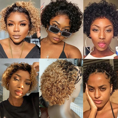 Crown & Glory Wigs  Pixie Cut Wigs Short Kinky Curly Lace Front Human Hair Wigs 13x2 Transparent Lace Frontal Wigs 1B/99 Ombre Water Wave Bob Wig