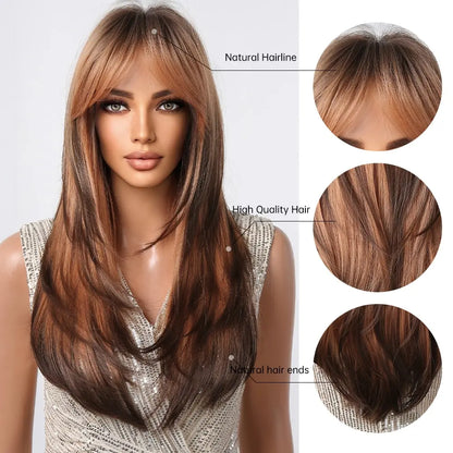 Crown & Glory Wigs  Brown to Light Ash Brown Blonde Wigs with Bangs Layered Synthetic Wigs for Women Long Natural Hair Cospay Party