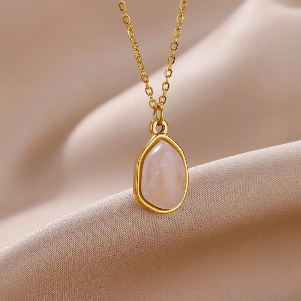 Jewellery   Oval Opal Pendant Necklace For Women Stainless Steel Gold Color Chain Collar Cute Lucky Jewelry Birthday Gift New Free Shipping