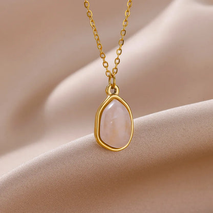 Jewellery   Oval Opal Pendant Necklace For Women Stainless Steel Gold Color Chain Collar Cute Lucky Jewelry Birthday Gift New Free Shipping