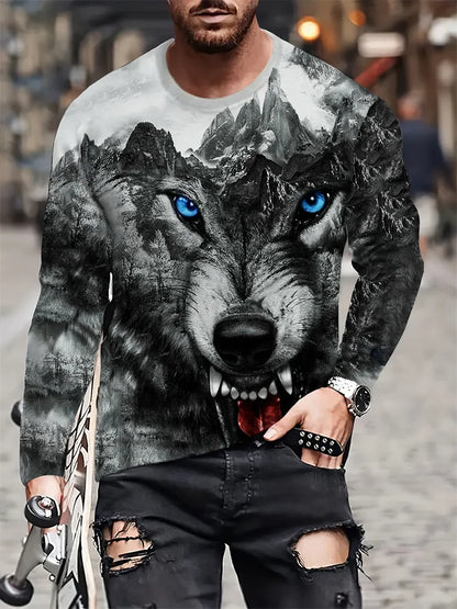 Men clothing Street Fashion Men's Long Sleeve T-shirt  Wolf Print