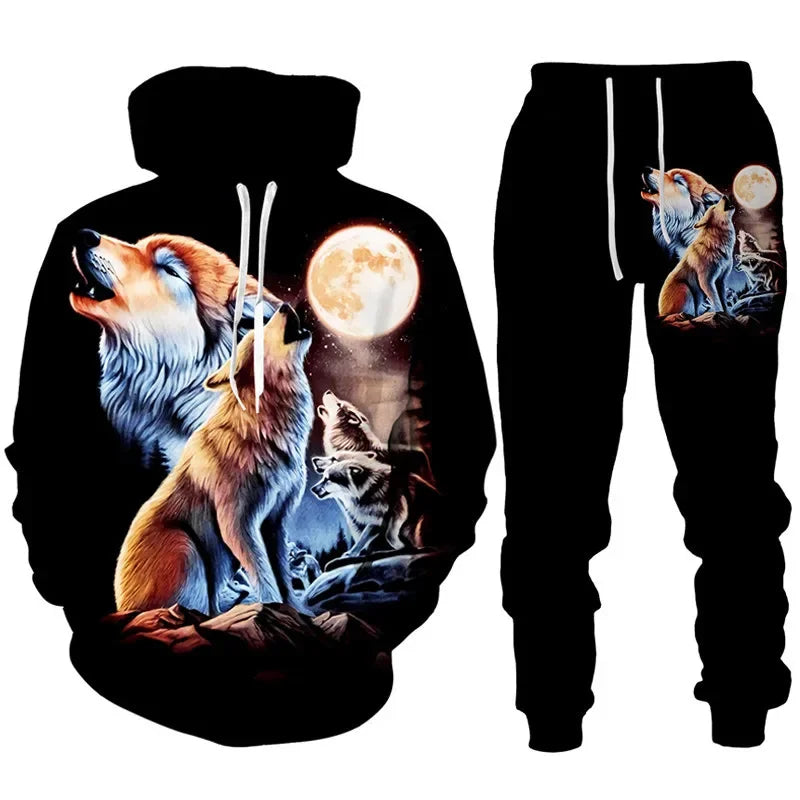 Men clothing  3D Print Hoodies Suit Man Dazzle Wolf Hip Hop Streetwear Hoodie And Pants 2pcs Sets