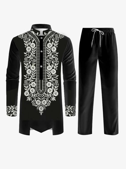 Muslim family   New Muslim Men's Robe Black Yellow Black Long Sleeve Pants Arab Men's Suit New Pattern Printed Multi Color Combination Matching