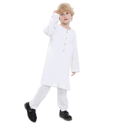 Muslim family   Muslim Boys Kids Jubba Thobe Saudi Arabic Robe 2 Piece Set Tops Pants Dubai Turkey Abaya Dress Kaftan Ramadan Djellaba Dishdasha