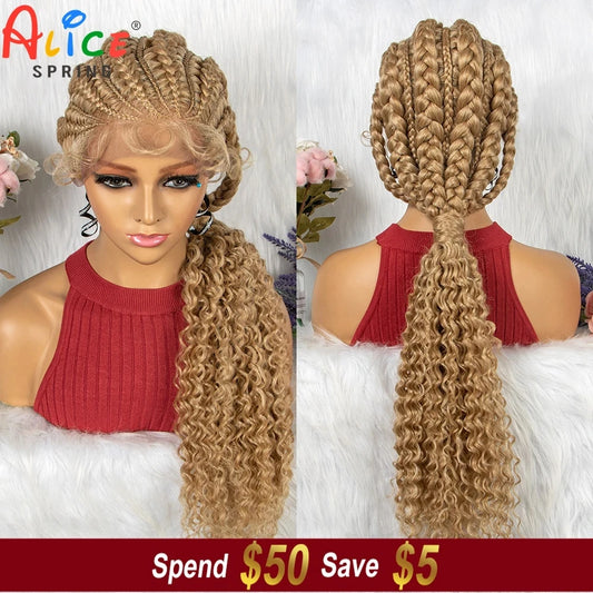 Crown & Glory Wigs  28 Inch Blonde Colour Synthetic Lace Front Braided Wigs for Black Women Crochets Braids Hair Wig Pre Plucked with Baby Hair