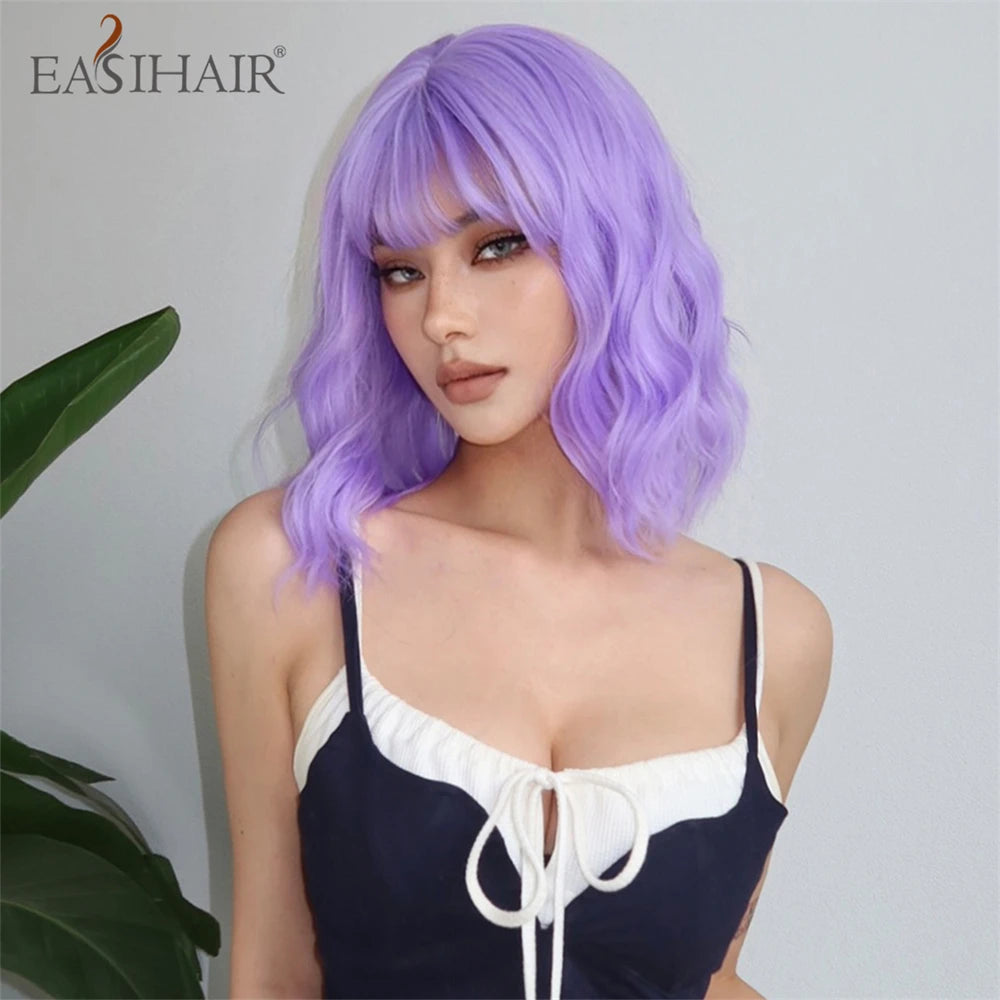 Crown & Glory Wigs   Short Synthetic Wigs Purple Blue Curly Wave Wigs with Bangs for Women Cosplay Party Halloween Colorful Bob Wigs Heat Resistant