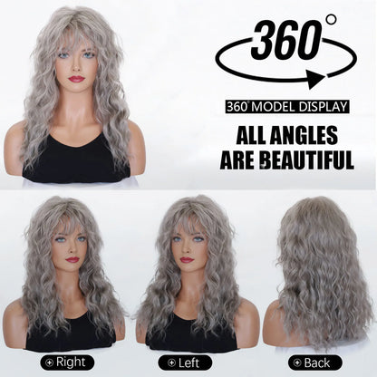 Crown & Glory Wigs   BCHR Grey Wigs with Bangs Long Curly Synthetic Wigs for Women Daily Cosplay Party Halloween Costume (Grey 20Inches)