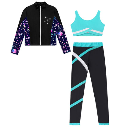 Girl clothing   Kids Girls Sweat suits Set Tracksuit 3 Piece Outfits Long Sleeve Zip Front Jacket + Vest + Colorblock Leggings Sportswear Sets