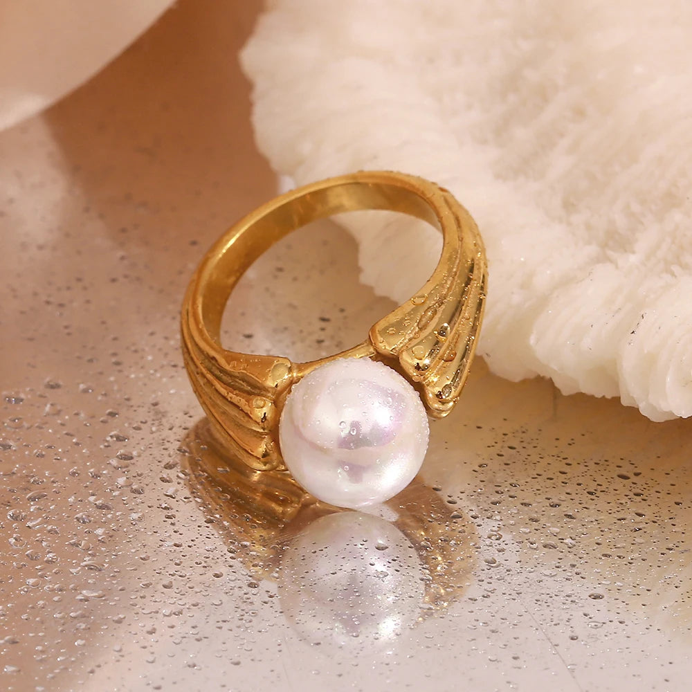 Jewellery  E.B.belle Casting Water Wave Texture Round Pearl Finger Rings For Woman Waterproof Steel Made Gold Color Index Ring