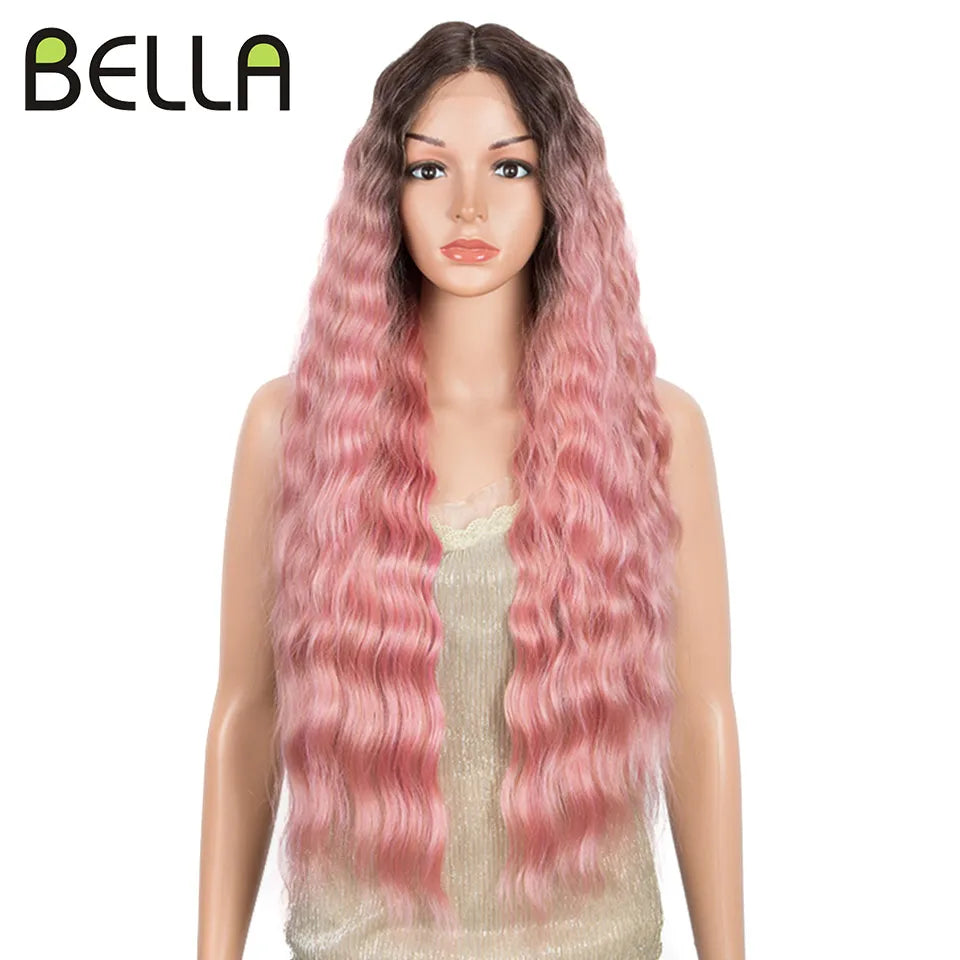 Crown & Glory Wigs  BELLA Lace Wigs Synthetic Deep Wave Curly Synthetic Lace Front Wig Blonde Wig Pink 30 Inch Hair Wigs For Black Women Cosplay