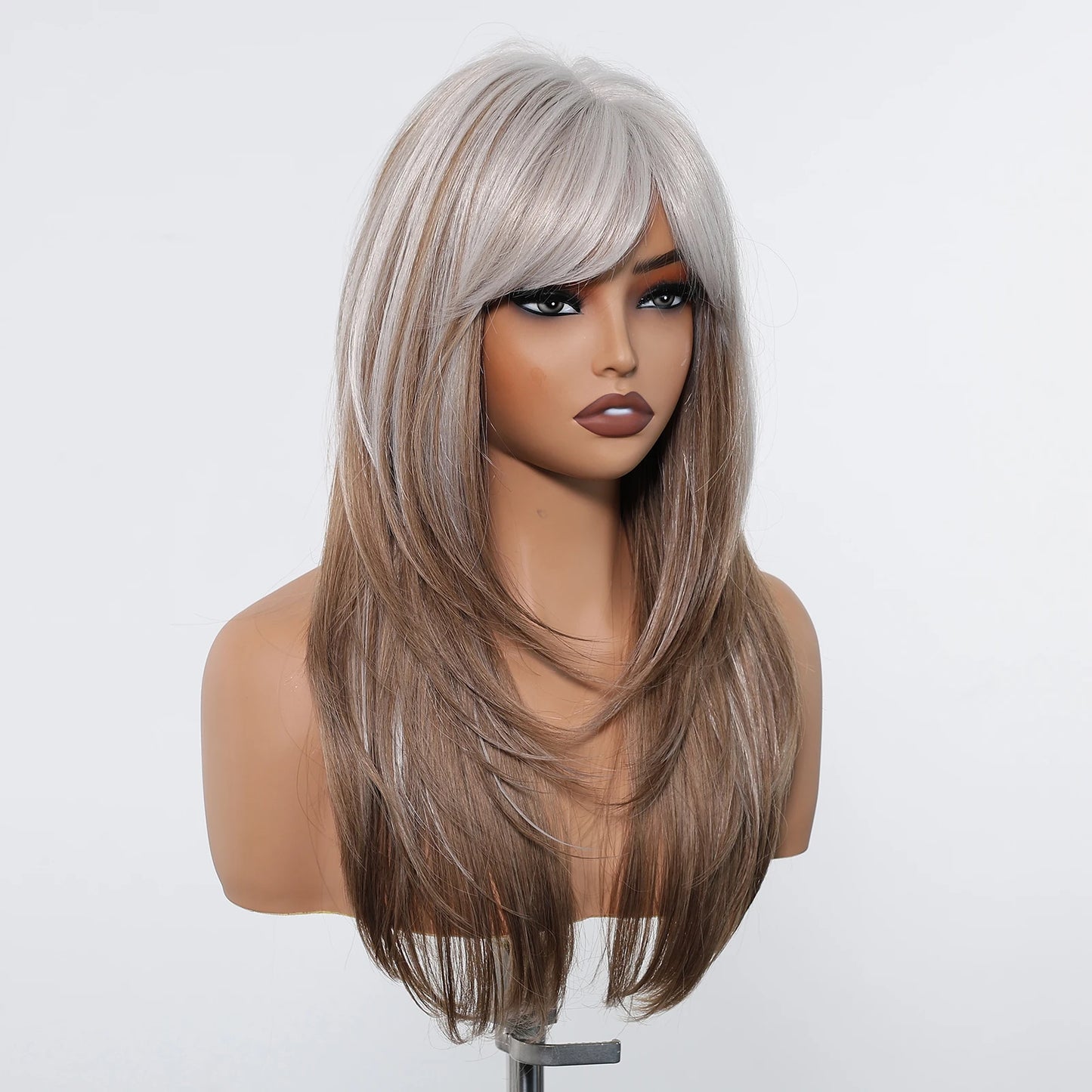 Crown & Glory Wigs  Grey White To Brown Ombre Synthetic Wigs Long Straight Layered Hair Wig For Women High Temperature Wig For Cosplay Daily Party