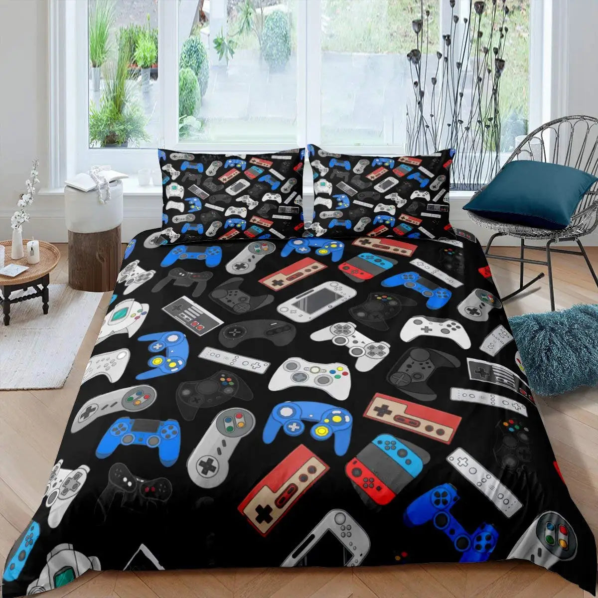 Bedroom  Teen Boys Gamer Duvet Cover Set Queen/King Size,Boys Gamepad Comforter Cover,Black Classic Retro Gaming Polyester Quilt Cover