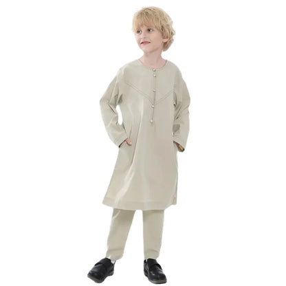 Muslim family    Muslim Kids Jubba Thobe Arab Boy Thobe Children Abaya Ramadan Dress Pant Set 2 Piece Caftan Robe Kaftan Musulman Ensembles