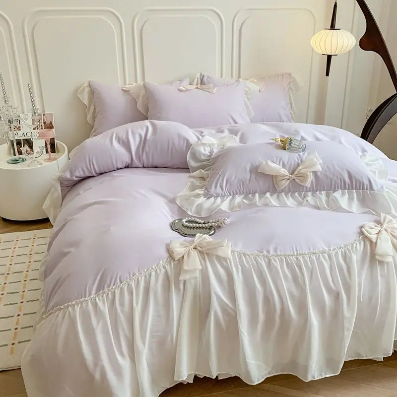 Bedroom   French Princess Style Bedding Sets Ruffle Lace Bow Quilt Cover Romantic Bedclothes Decor Woman Girls Bedroom Duvet Cover 4pcs