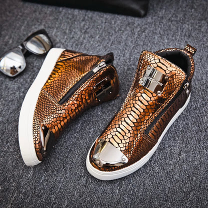 Men shoes  Hot Zipper High Top Sneakers Men Fashion Crocodile Leather Shoes For Men Luxury Golden Casual Sneakers Male Hip Hop Rock Shoes