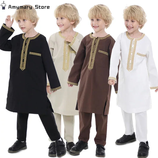 Muslim family   Muslim Children Robe 2 Piece Set Kids Boy Round Neck Long Sleeve Printed Dress Shirt Abaya Kaftan Jubba Thobe Islamic Clothing