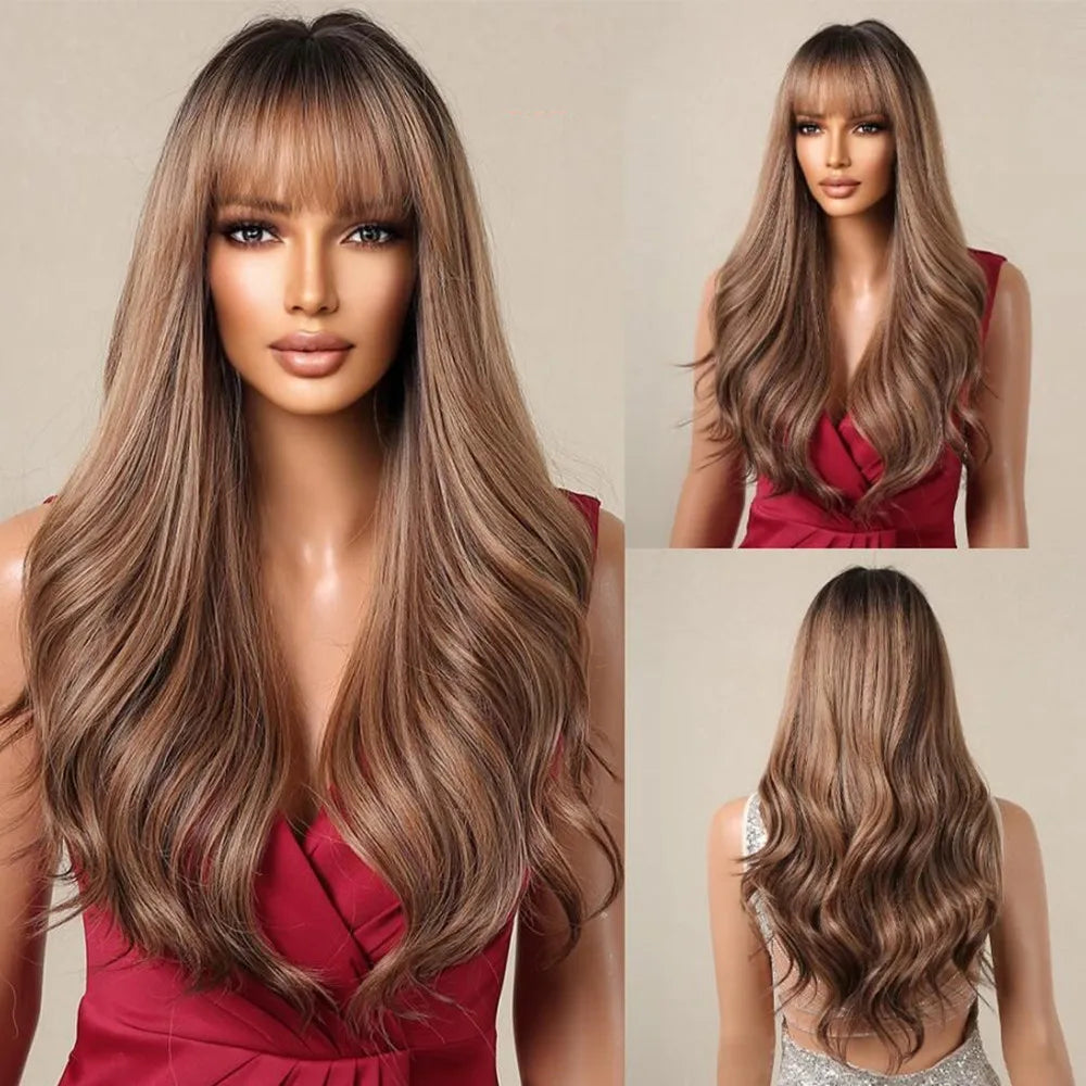 Crown & Glory Wigs   ALAN EATON Brown Blonde Layered Synthetic Wigs Long Natural Body Wavy Wig with Bangs Party Cosplay Hair for Women Heat Resistant