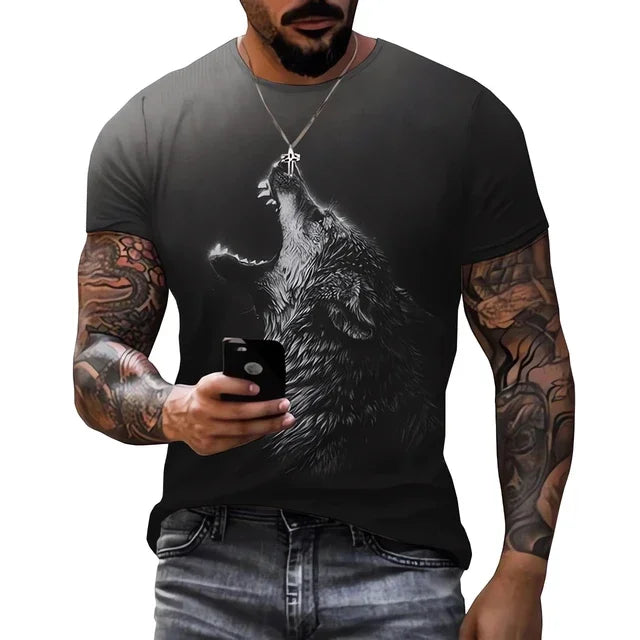 Men clothing  3D printed T-shirt with Wolf print Cool big black T-shirt round neck o neck