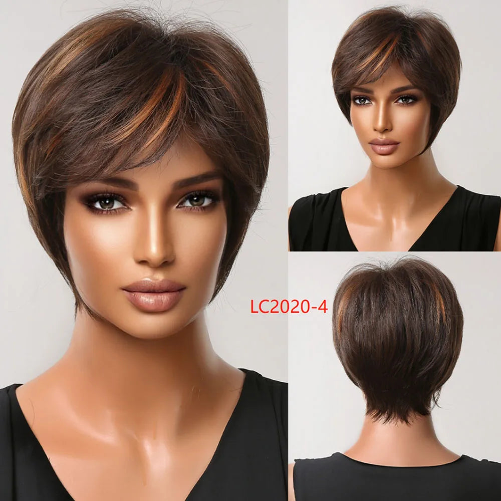 Crown & Glory Wigs HENRY MARGU Dark Root Ombre Brown Blonde Short Hair Wigs Fluffy Pixie Cut Synthetic Wig for Black White Women Heat Resistant