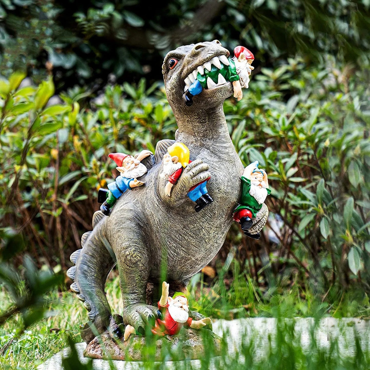 Outdoor  Garden Dinosaur Eating Gnome Statues Outdoor Funny Resin Figurines Sculpture Decor for Garden Patio Lawn Yard Ornament Decor 1pc