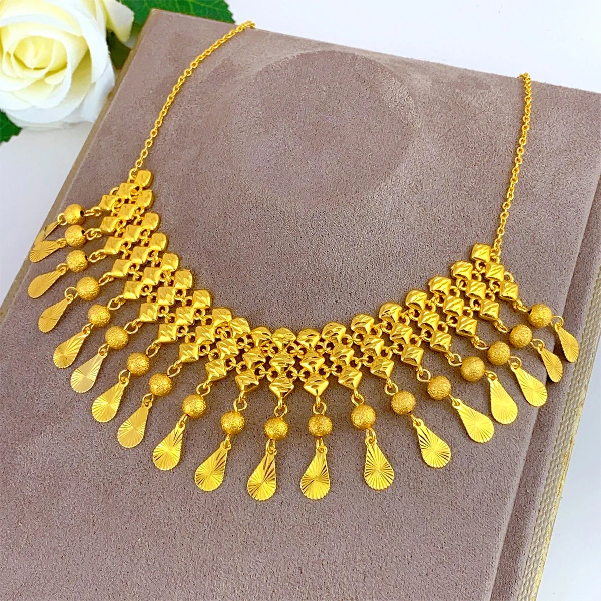 Jewellery    XuHuang African Crystal Pendant Tassel Necklace For Woman Ethiopian Bride Wedding Gold Color Jewelry Party Dubai Gifts 24K