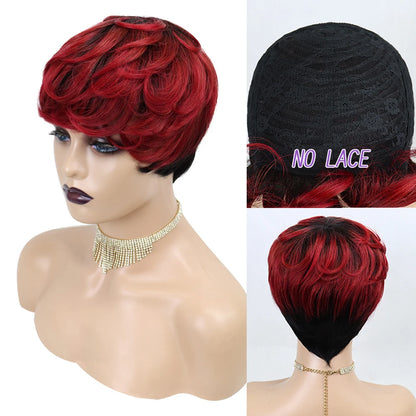 Crown & Glory Wigs  Human Hair Short Wigs For Black Women Straight Bob Pixie Honey Blonde Brazilian No Lace Front Wig With Bang