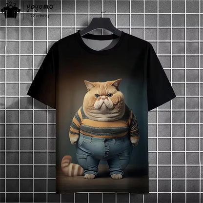 Men clothing  Funny Fat Cat Graphic T shirts Short Sleeve