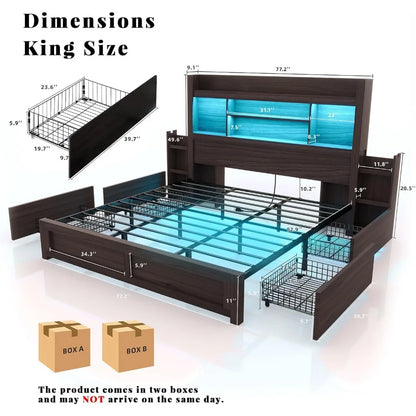 Living Room Queen Bed Frame with 49.6" Bookcase Headboard & 2 Bedside Stoage Racks & Drawers,Wood Bed Frame with RGB LED & Charging Station