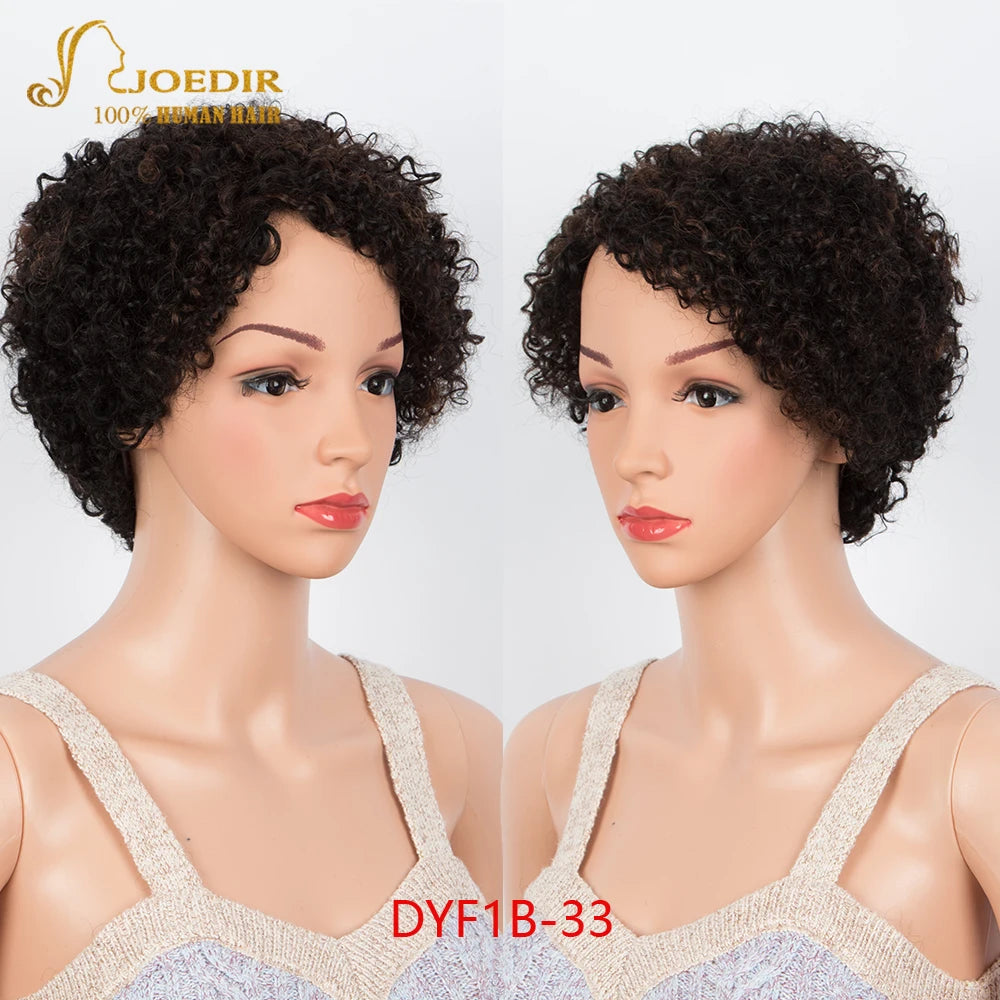 Crown & Glory Wigs Joedir Short Brown Human Hair Wigs Bob Pixie Cut Afro Kinky Brazilian Hair for Black Women Machine Part Side With Bang Cheap Wig