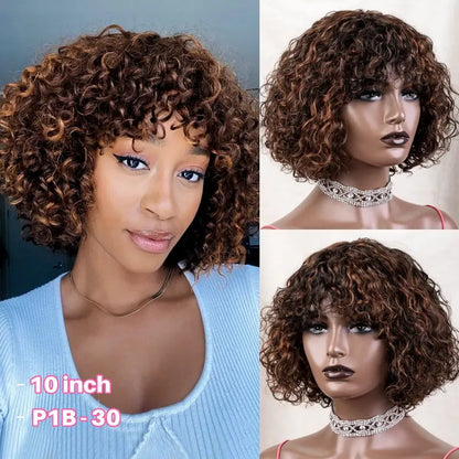 Crown & Glory Wigs  Debut Highlight Curly With Bangs Human Hair Wigs Kinky Curly Wigs For Black Women Brazilian Remy Human Hair Wigs Cheap Jerry Curl