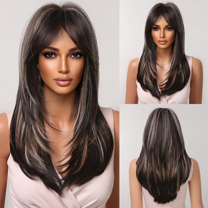 Crown & Glory Wigs  Brown to Light Ash Brown Blonde Wigs with Bangs Layered Synthetic Wigs for Women Long Natural Hair Cospay Party