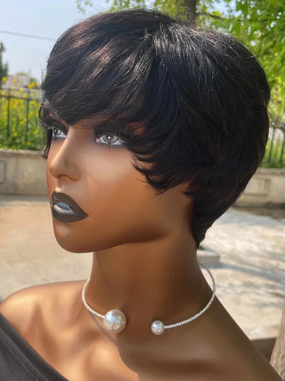 Crown & Glory Wigs Sale Short Pixie Cut Remy Human Hair Wigs Straight Natural Color Full Machine Made Bob Wig With Bangs