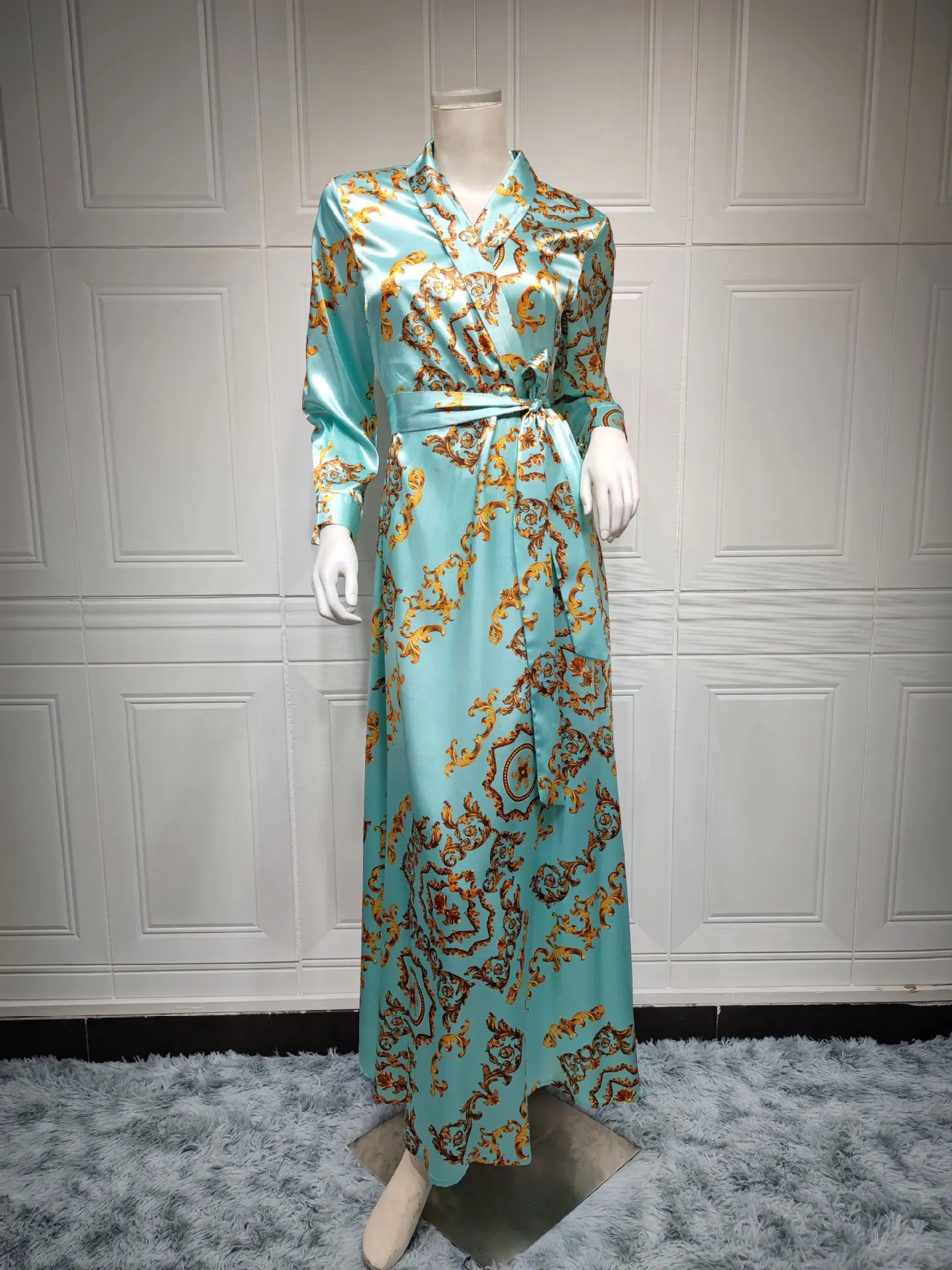 Muslim family   Autumn Modest Muslim Dress Elegant Evening Party Gowns Dubai Middle East Long Sleeves Vintage Printing Maxi Dresses Abaya Robe