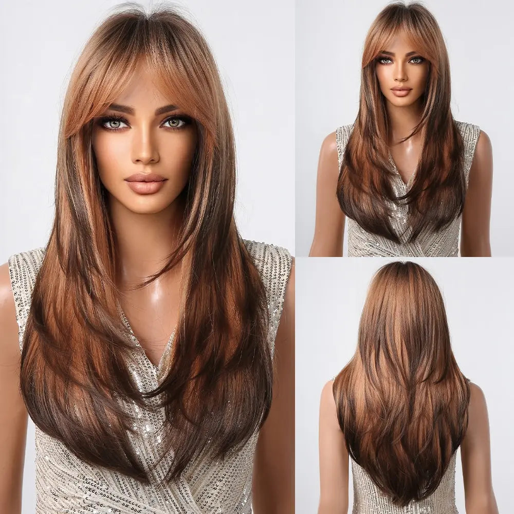 Crown & Glory Wigs  Brown to Light Ash Brown Blonde Wigs with Bangs Layered Synthetic Wigs for Women Long Natural Hair Cospay Party