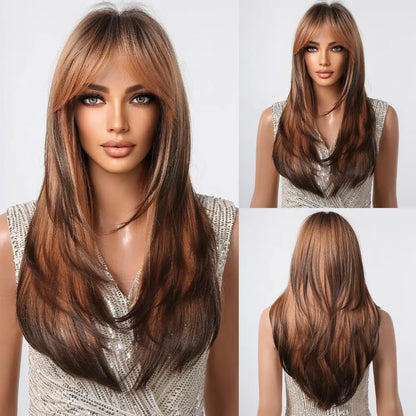 Crown & Glory Wigs  Brown to Light Ash Brown Blonde Wigs with Bangs Layered Synthetic Wigs for Women Long Natural Hair Cospay Party