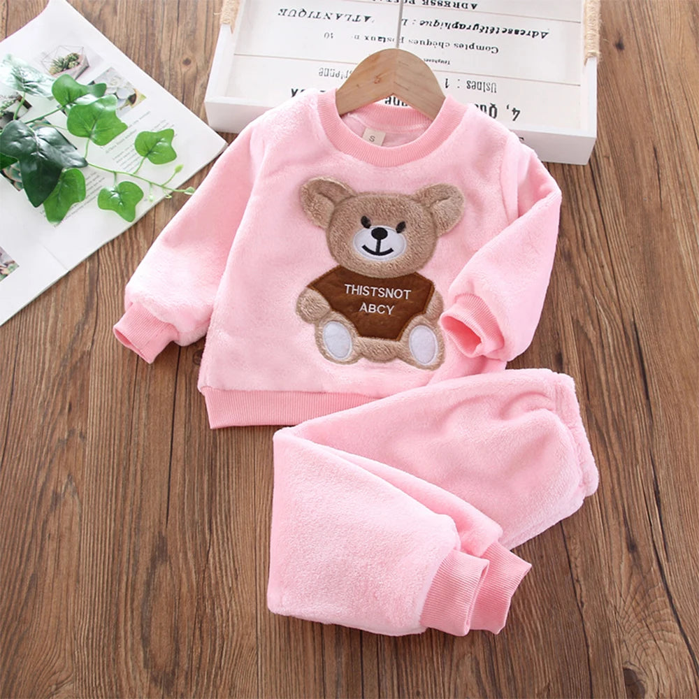 Girl clothing Bear Leader Girls Sets Winter Flannel Homewear Set Long-sleeved Bear Patch Cloth Hoodie Pants Autumn and Winter Warm Boy 2pc Set