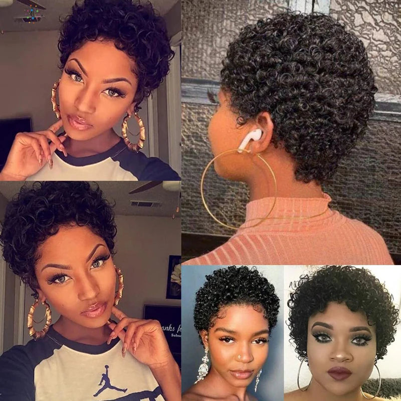 Crown & Glory Wigs Short Curly 99J Wig For Woman 100% Human Hair Wigs Full Machine Made Pixie Curl Kinky Curly Wigs